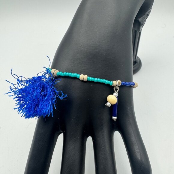 Boho Beaded Bracelet With Blue & Turquoise Tassels And Charms - Picture 2 of 4